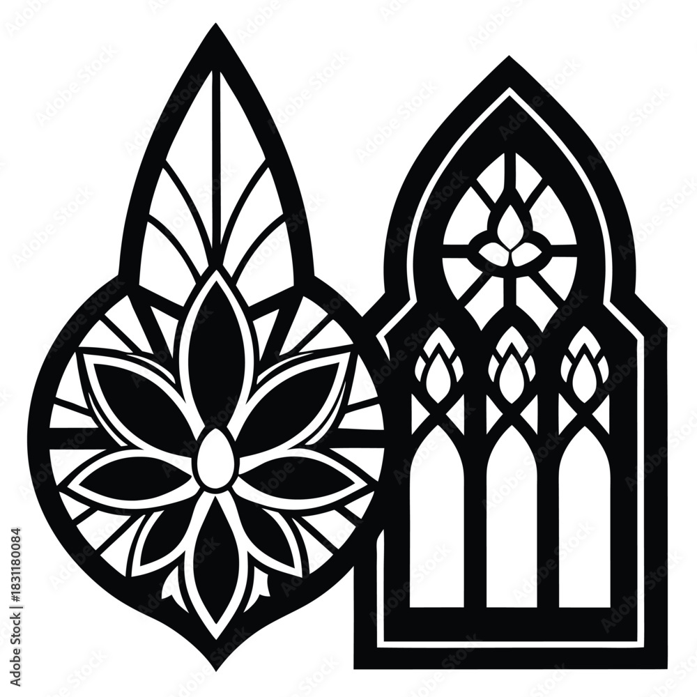 Fototapeta premium Ornate black floral and arched window frame art present gothic elegance and design
