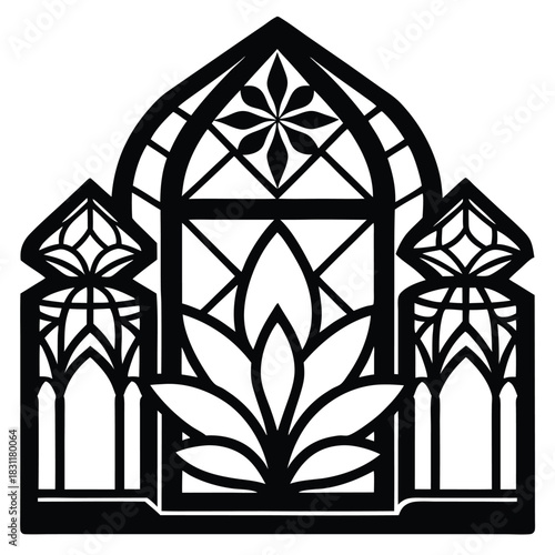 Intricate monochrome window displays floral and geometric elements in a stylized art form