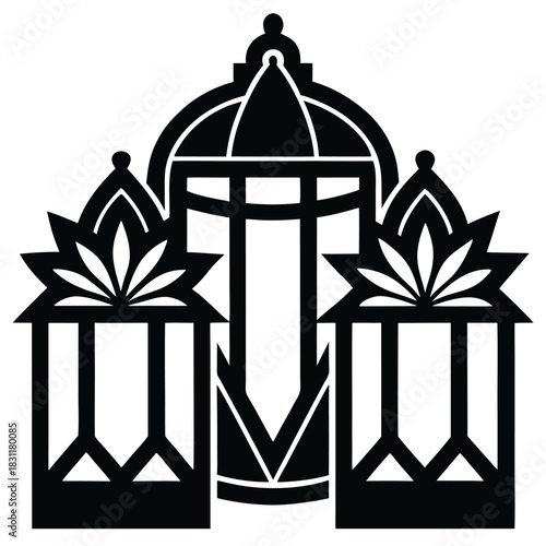 Striking black and white motif features geometric lanterns and an enclosed structure design