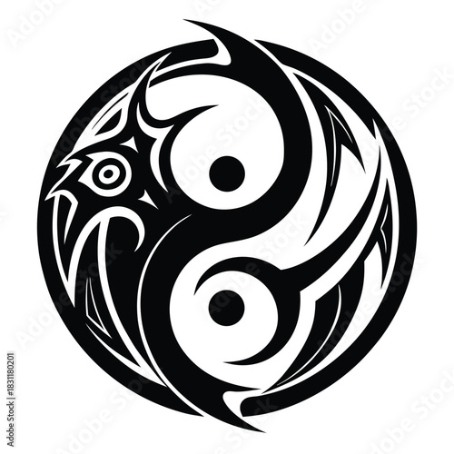 Tribal yin and yang with abstract eagle face in black monochrome showcases symmetry