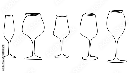 A minimalist line drawing of five different types of glasses on a white background.