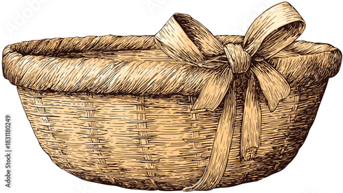 Rustic Straw Basket with Elegant Ribbon, Hand-Drawn Vector Illustration