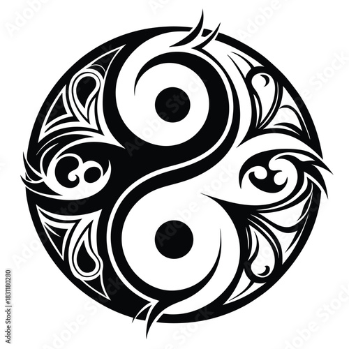 Intricate black and white tribal pattern is circling around the Yin Yang symbol