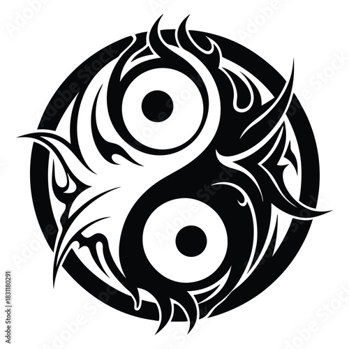 Black and white tribal features the ancient yin yang symbol in a bold circle