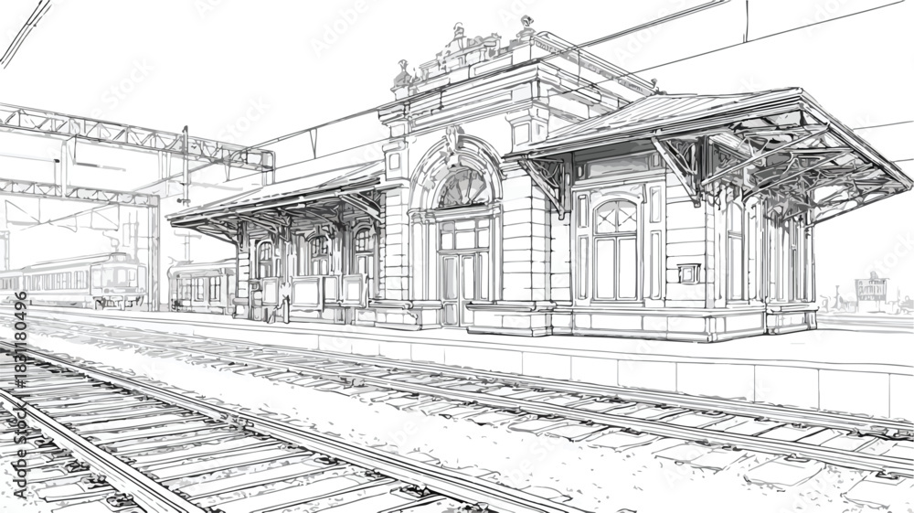 Fototapeta premium Detailed Drawing of Train Station with Train in Background