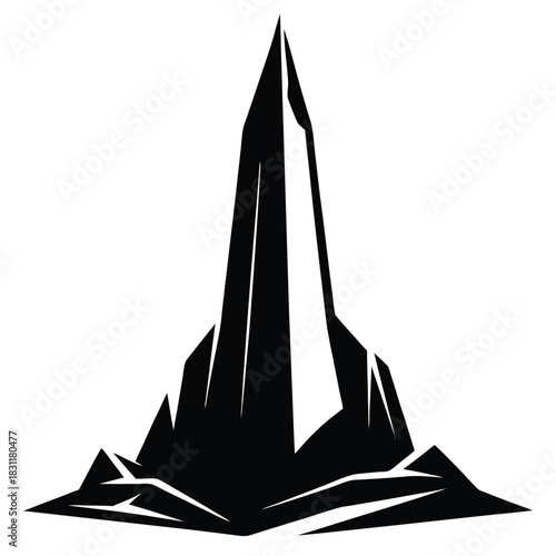 Sharp mountain peak soars majestically with rocky base in solid black