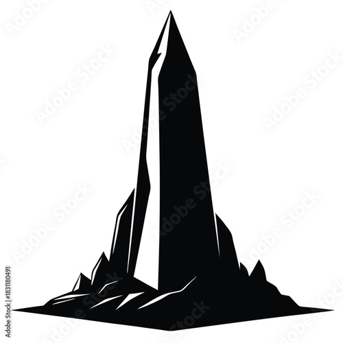 Silhouette art shows a tall obelisk shape rising among jagged smaller forms