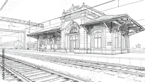 Detailed Drawing of Train Station with Train in Background