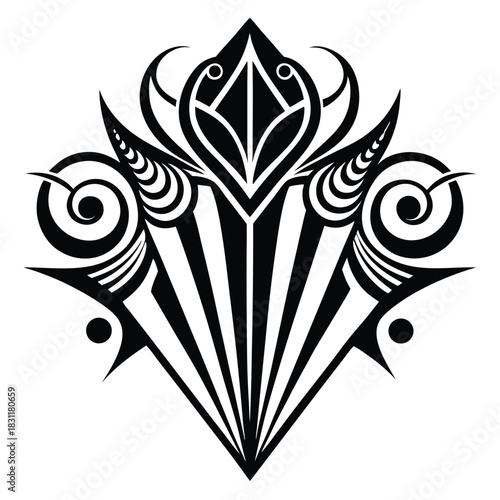 Black stylized insignia with radiating lines and spiral accents creates bold artistic impression