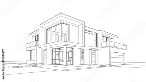 Architectural sketch of a residential building design, illustrating the home's exterior structure and floor plan drawing