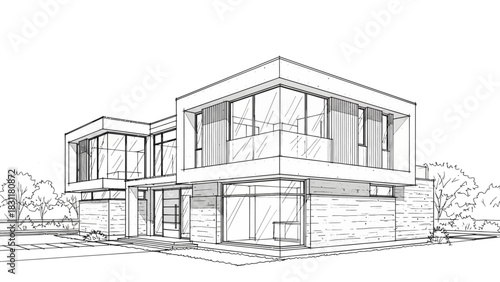 Architectural sketch of a residential house construction project plan, showing the black and white facade and roof design
