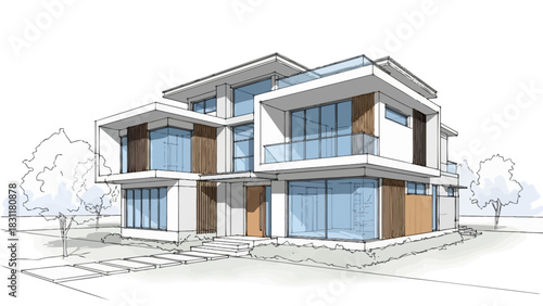 Modern wooden architecture house exterior in white winter snow under blue sky