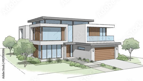 White residential house exterior in a park with windows, roof, and front facade design