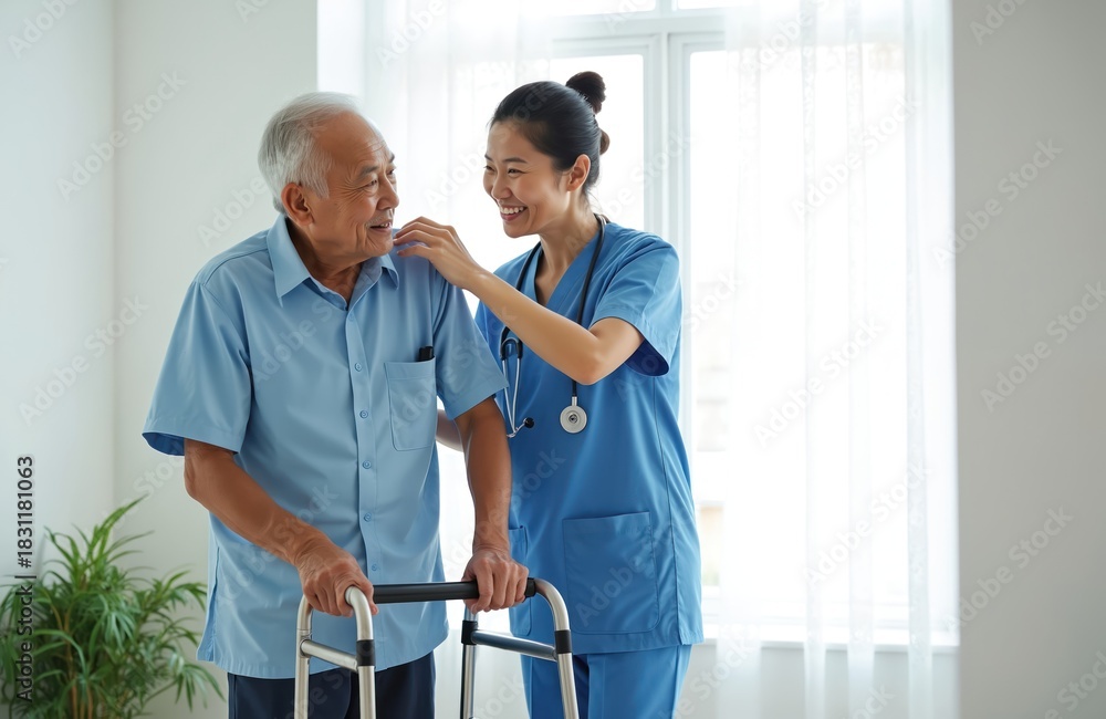 Obraz premium Asian nurse assists elderly man with walker. Caregiver helps senior patient during therapy. Woman provides support in healthcare setting. Rehabilitation, recovery for mature man with assistance