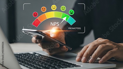 Measuring customer satisfaction with nps score on phone and laptop screen