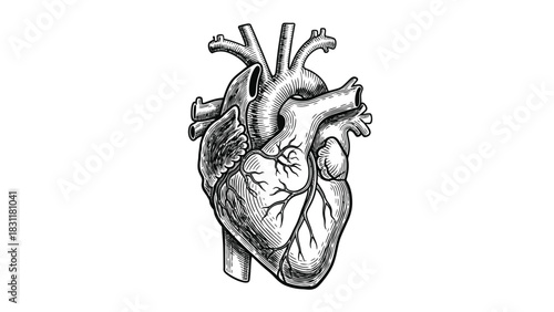 A detailed, vintage-style illustration of a human heart, rendered in black and white with intricate anatomical detail and a clean white background, symbolizing life, health, and biology.