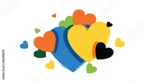 A collection of brightly colored hearts and abstract shapes arranged in a dynamic composition, symbolizing love and connection.