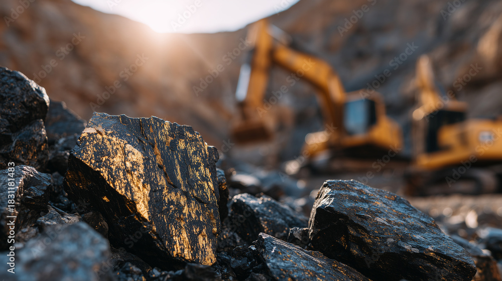 Fototapeta premium Detailed view of coal pieces with shimmering mineral surfaces, golden sunlight emphasizing their rugged texture, industrial excavators blurred in the background