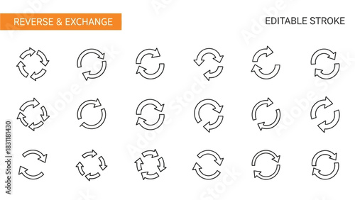 A collection of circular arrow icons representing concepts of reverse, exchange, refresh, and repeat, presented as editable stroke graphics.