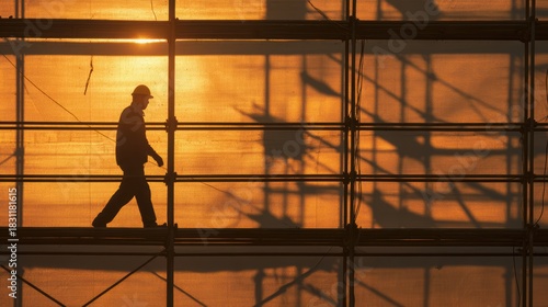 Silhouette of construction worker walking on scaffolding at sunset