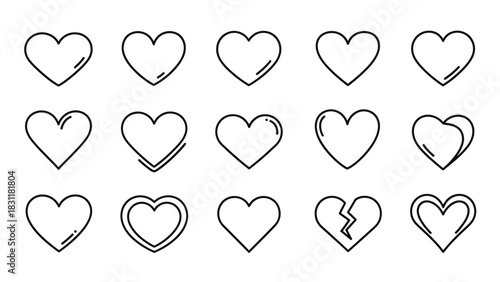 A collection of fifteen different heart outlines, some with shading, one broken, and one with a double outline, all presented in a minimalist black and white graphic design.