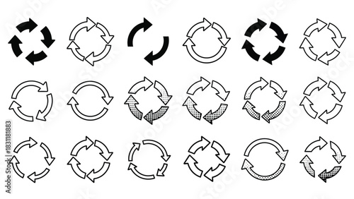 A collection of circular arrow icons representing processes, cycles, and repetition in various styles, including solid black, outlined, and gradient fills, arranged in a grid for visual comparison