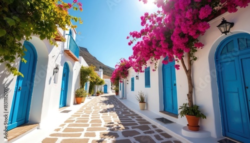 Fototapeta Naklejka Na Ścianę i Meble -  White washed building facade with bright blue doors and vibrant pink bougainvillea flowers arching over a cobblestone path. Sunny day in a Mediterranean village, traditional greek architecture.