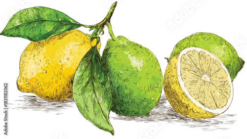 Vibrant Drawing of Lemons and Limes with Lemon Vector Illustration