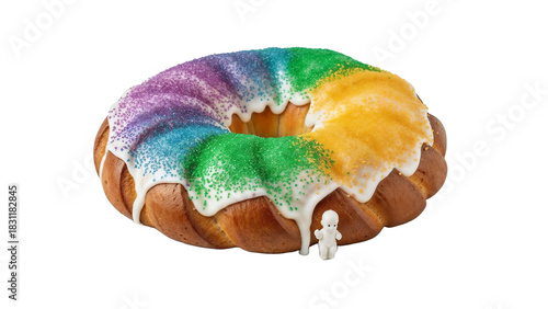 Mardi Gras king cake with colorful icing and sprinkles on white background and copy space