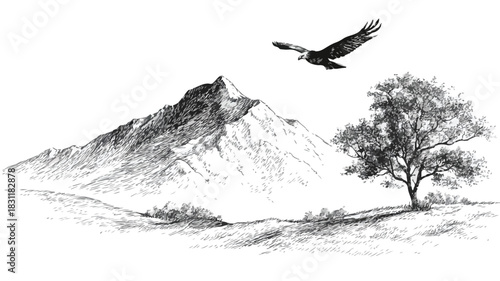 Serene Mountain Landscape with Flying Bird and Tree in Background