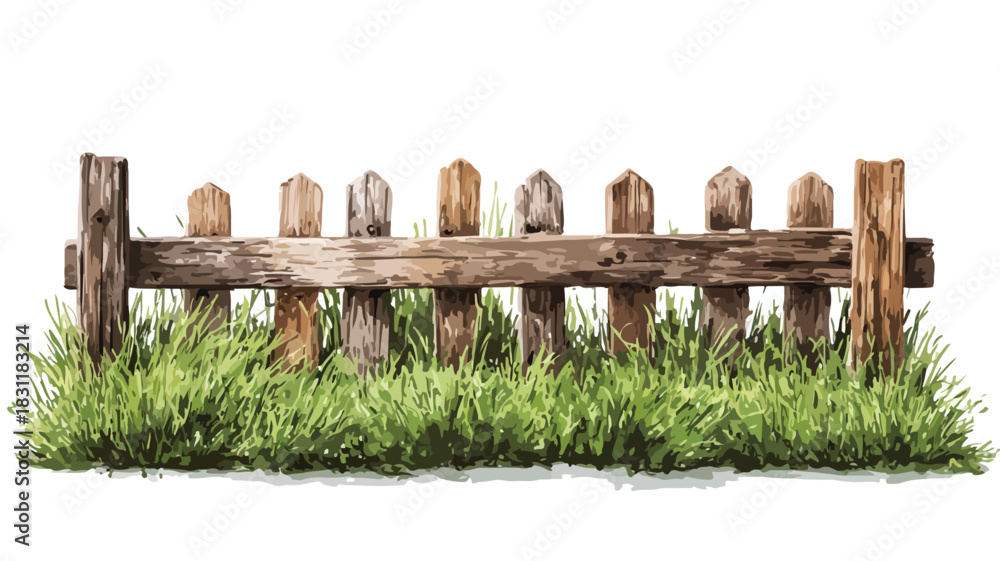 Obraz premium Scenic Painting of Wooden Fence with Grass Lawn - Landscape Artwork