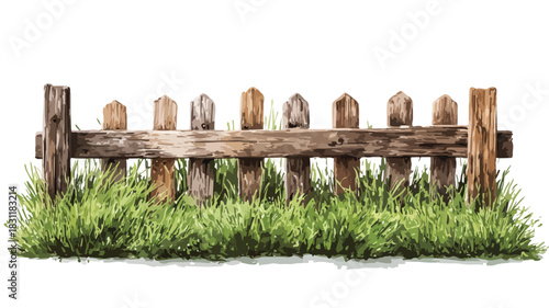 Scenic Painting of Wooden Fence with Grass Lawn - Landscape Artwork