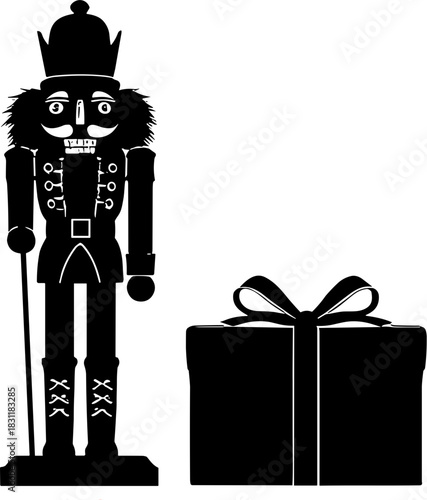 Nutcracker silhouette with present on red background