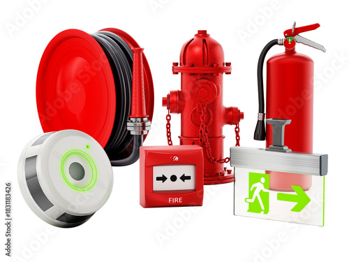 Fire safety equipment on transparent background. 3D illustration