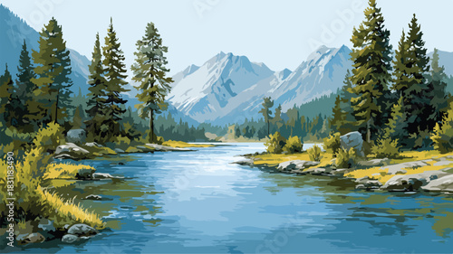 Serene Landscape Painting of a River with Majestic Mountains and Lush Trees