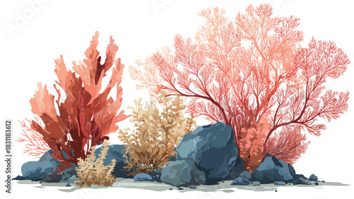 Vibrant Seaweed and Coral Painting with Plants - Marine Life Artwork for Design