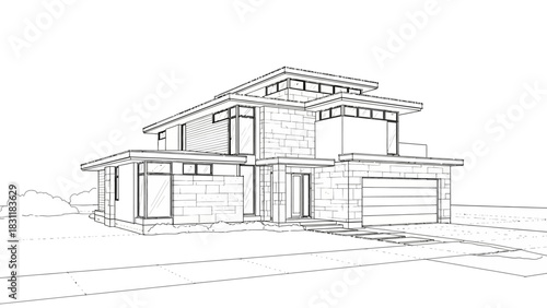 Vintage black and white architectural sketch of an old house facade for construction design illustration