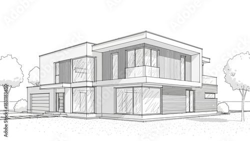 Architectural sketch of a residential building exterior design plan