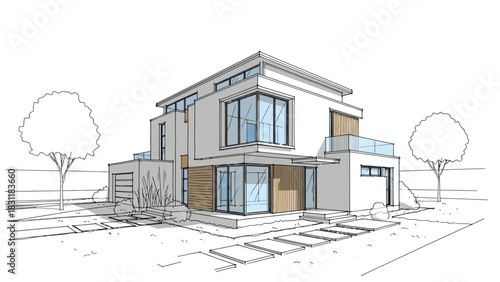 Sketch of a new residential house architectural drawing, showing the exterior, roof, windows, and door structure
