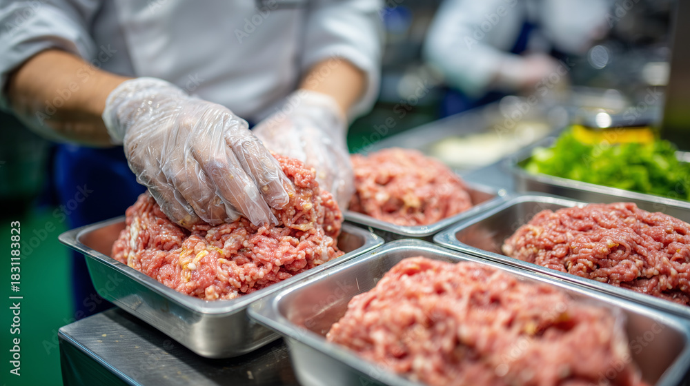 Obraz premium Macro view of hygienic food preparation: gloved hands pressing fresh ground meat into clear containers, pink meat vibrant against the muted green blur in the background