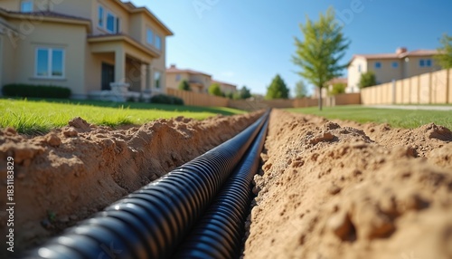 Black corrugated pipes laid in trench for drainage or sewage system. Installation of underground infrastructure at construction site near residential buildings on sunny day.