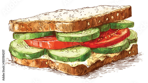 Fresh Sandwich with Tomatoes and Cucumber Ingredients for Healthy Lunch