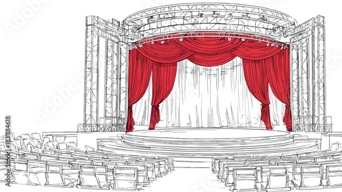 Outdoor Theater Stage with Red Curtains and Audience Seating - Professional Event