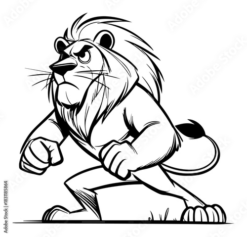 Determined Lion Striding Forward Ready to Attack – Dynamic Monochrome Line Art Vector Wild Cat Illustration