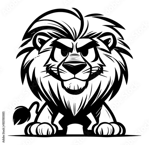 Cartoon Lion Mascot Sitting Proud with Fierce Expression – Bold Monochrome Line Art Vector Animal Logo Illustration