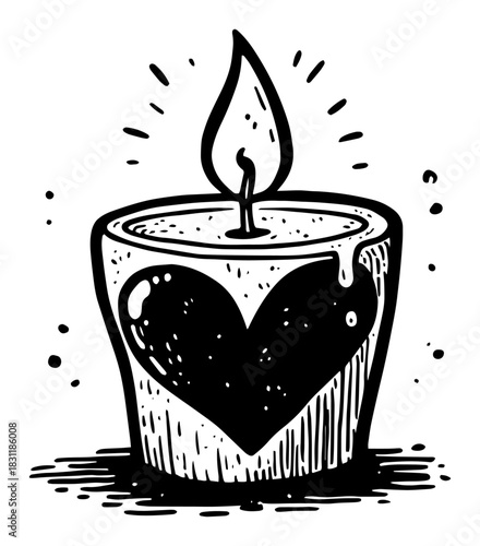 Cute Candle in Jar with Heart and Warm Flame – Cozy Monochrome Line Art Vector Home Decor Illustration