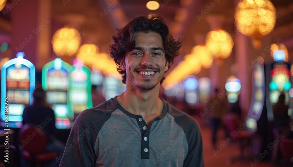 Obraz premium Young man smiles confidently in vibrant casino setting. Wears casual attire amidst flashing slot machines, illuminated displays. Atmosphere suggests excitement, potential winnings, capturing moment