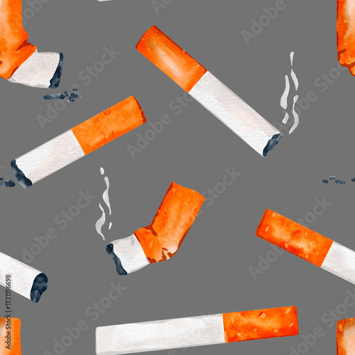 Seamless cigarette pattern in watercolor style, symbolizing addiction, tobacco danger, and health awareness