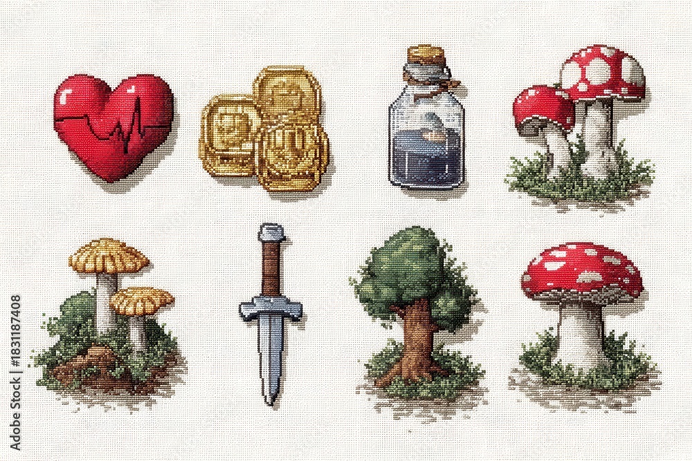 Fototapeta premium Retro pixel art of game icons featuring hearts, coins, potions, and trees