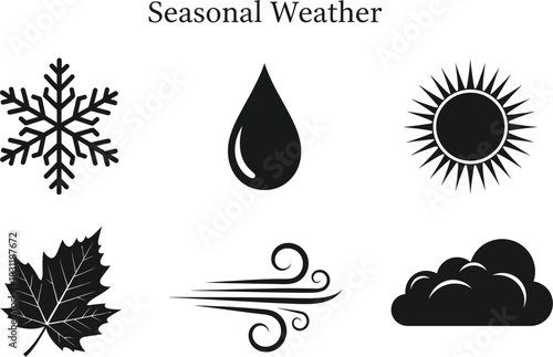Set of six seasonal weather icons, including snowflake, water drop, sun, maple leaf, wind, and cloud